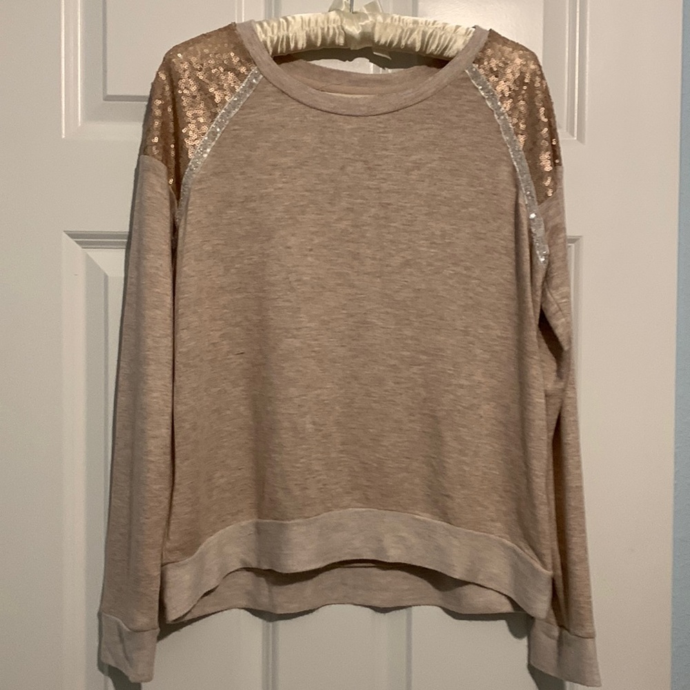 Living Doll M sweatshirt. Rose Gold and Silver sequin detail on shoulders.